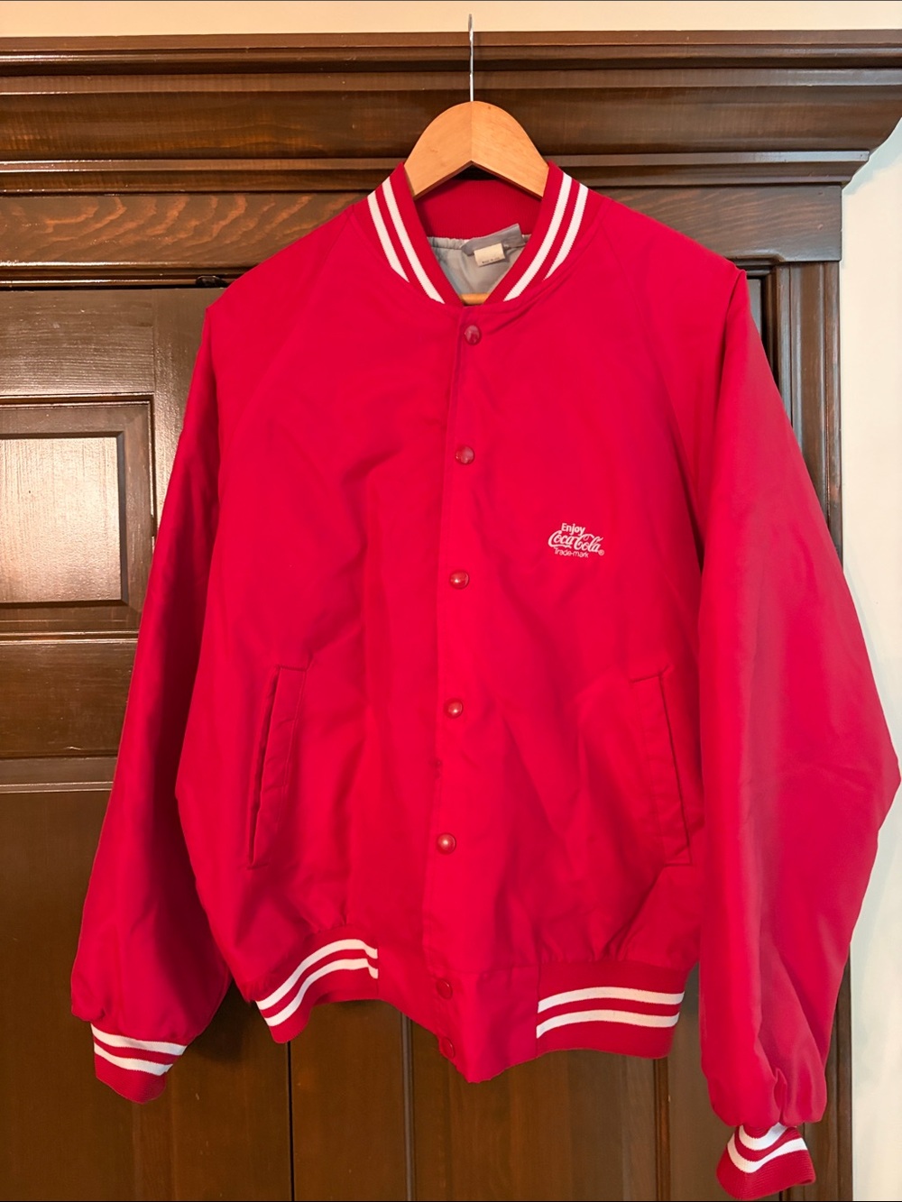 Coca Cola Red Bomber Varsity Jacket with White Stripe Trim